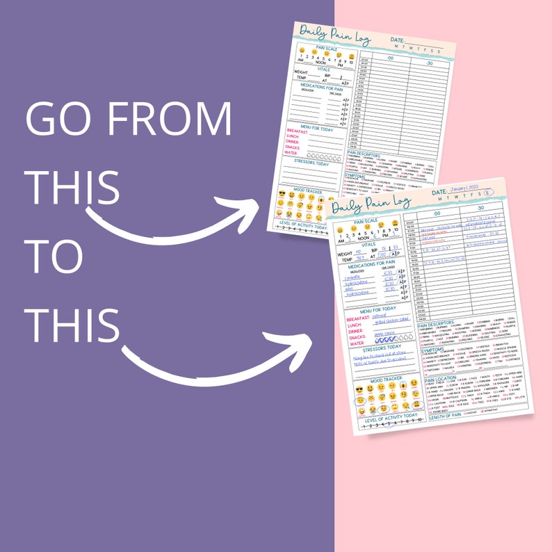 May include: Two printable daily pain log sheets with a pain scale, mood tracker, and space to record vital signs, medications, meals, stressors, and symptoms. The sheets are on a pink and purple background.