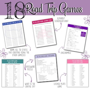 May include: A printable set of 18 road trip games for kids. The games include alphabet scavenger hunt, unscramble, crossword puzzle, license plate game, and name all 50 states.