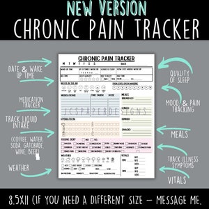 May include: A printable chronic pain tracker with sections for tracking sleep quality, mood, medication, hydration, meals, and vital signs. The tracker is designed to help people manage their chronic pain and track their progress.