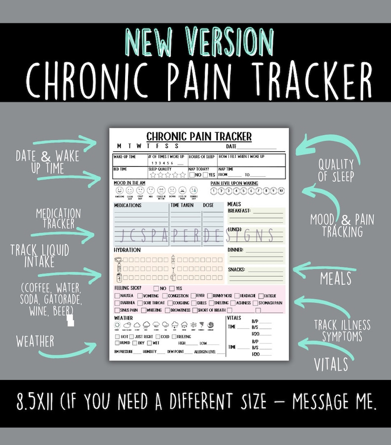 May include: A printable chronic pain tracker with sections for tracking sleep quality, mood, medication, hydration, meals, and vital signs. The tracker is designed to help people manage their chronic pain and track their progress.