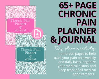 May include: A digital download for a 65+ page chronic pain planner and journal. The cover features a teal and pink leopard print design with the text "Chronic Pain Planner & Journal".