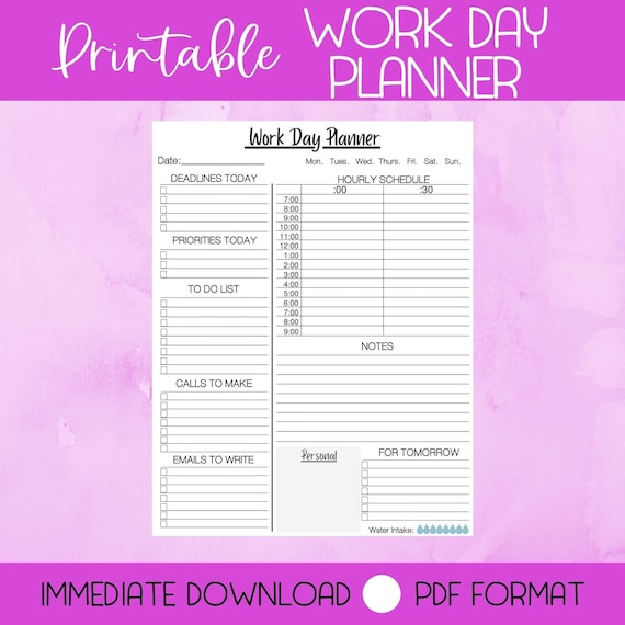 Work Day Planner Insert: To-Do List, Hourly Schedule (PDF Download)