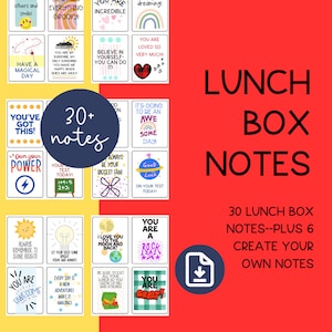 Può includere: Uno sfondo rosso con il testo "Lunch Box Notes" in nero. Sotto il testo c'è un blocco di testo più piccolo che recita "30 Lunch Box Notes--Plus 6 Create Your Own Notes". Un'icona di download si trova nell'angolo in basso a destra dell'immagine. L'immagine è un collage di 30 quadrati colorati con messaggi motivazionali per bambini.