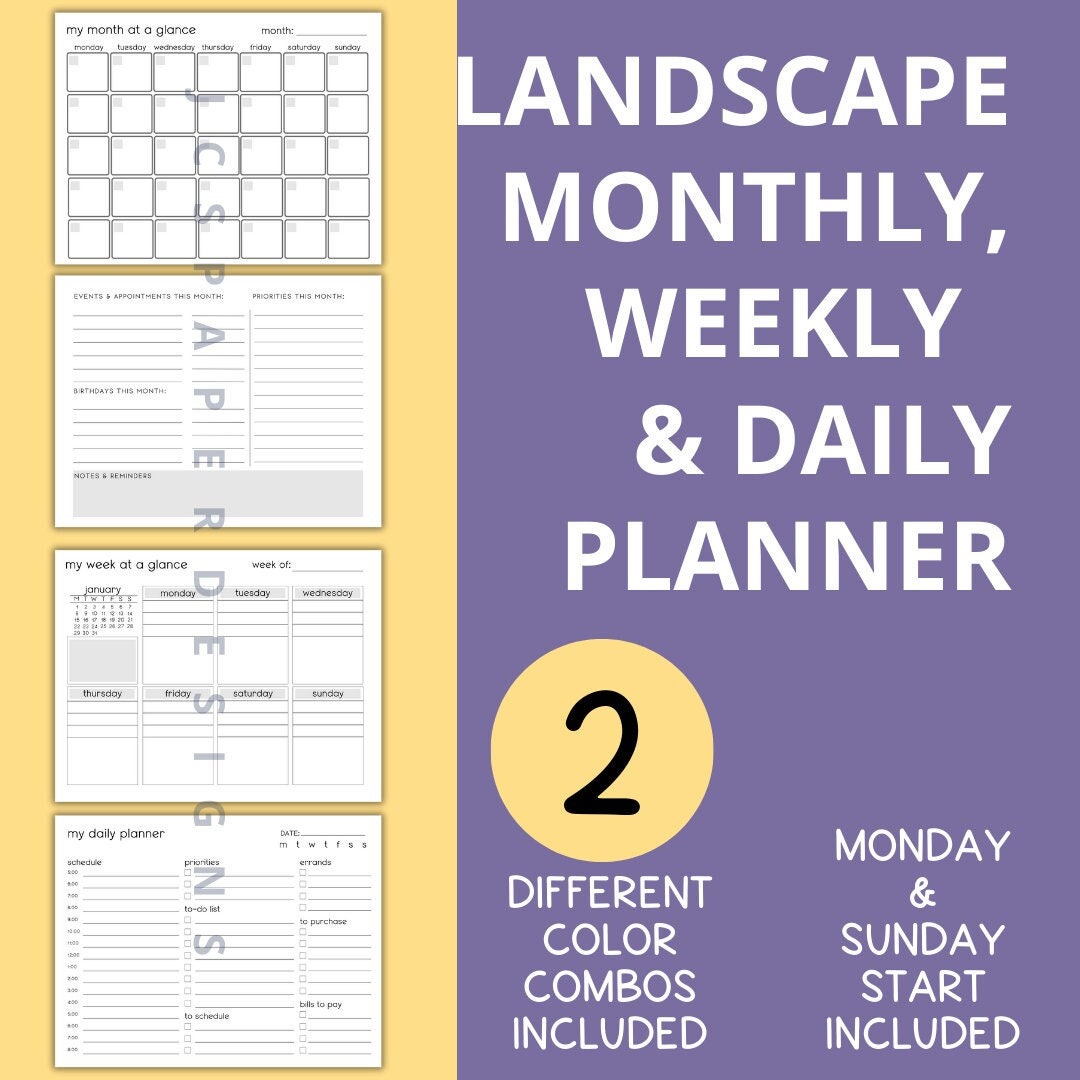 Minimalist Horizontal Monthly Planner, Daily Planner, Weekly Planner ...