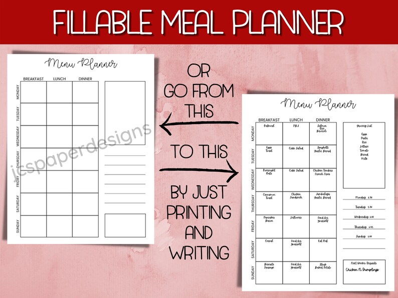 Weekly Meal Planner: Fillable Menu Plan (PDF) - Etsy