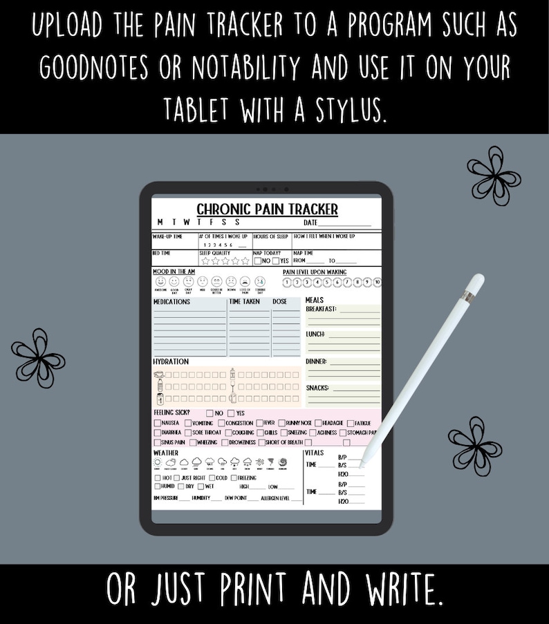May include: A digital pain tracker on a tablet screen with a white stylus. The tracker includes sections for sleep, mood, medications, hydration, symptoms, weather, and vitals. The text on the screen reads "Chronic Pain Tracker" and "MTWTFSS".