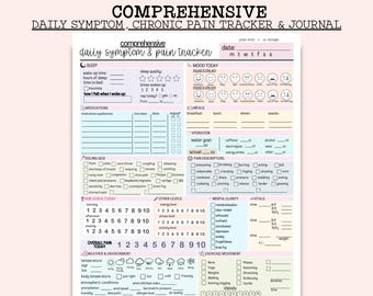 May include: A comprehensive daily symptom and chronic pain tracker journal page featuring sections for sleep, mood, medications, meals, hydration, pain descriptors, pain levels, mental clarity, vitals, weather, and exercise.
