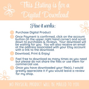 Pode incluir: Um fundo branco com texto azul que explica como comprar e baixar um produto digital. O texto diz "This Listing is for a Digital Download" e "How it works:" seguido de uma lista numerada de instru&ccedil;&otilde;es. O texto tamb&eacute;m diz "NO PHYSICAL PRODUCT WILL BE MAILED TO YOU."