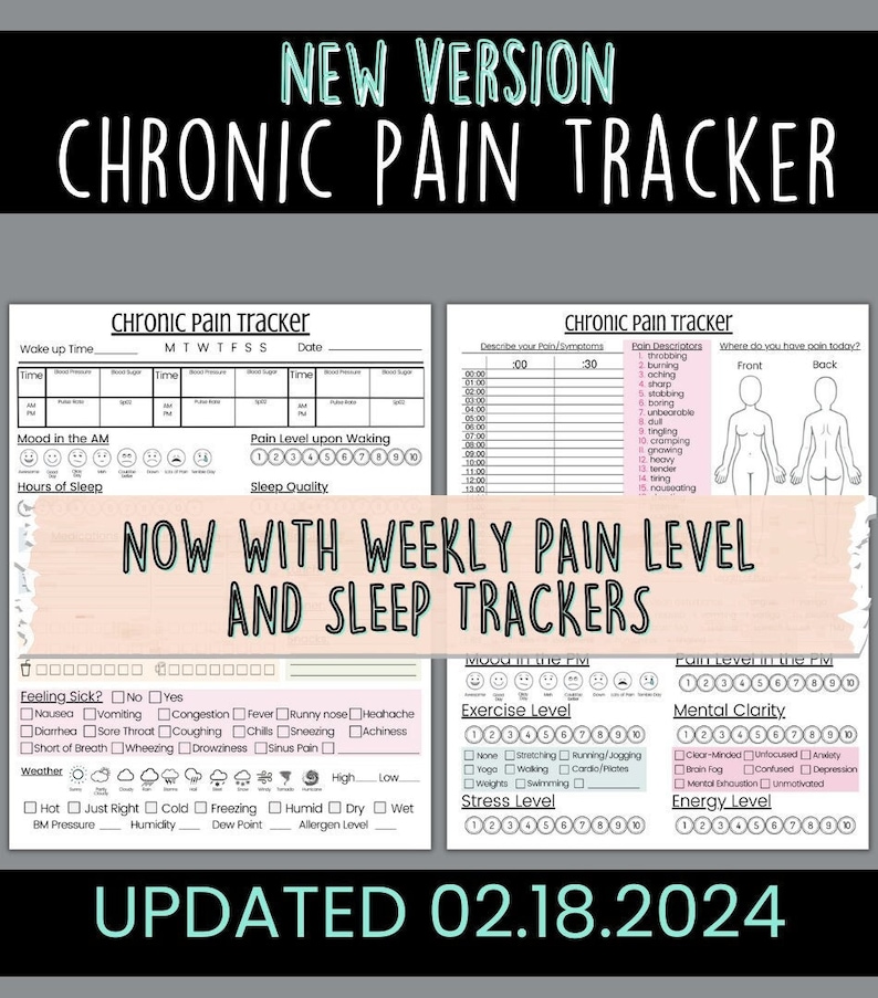 May include: A printable chronic pain tracker with a pink and white background. The tracker includes sections for tracking pain levels, sleep quality, mood, exercise, and mental clarity. The tracker also includes a section for tracking pain descriptors and location. The tracker is updated for 2024.