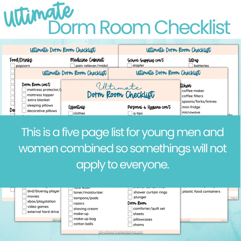 Ultimate College Dorm Room Checklist College Freshman First Etsy