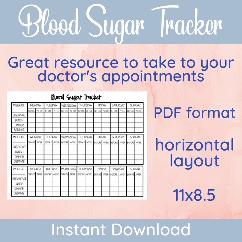May include: Printable blood sugar tracker in PDF format. The tracker is designed for horizontal layout and measures 11 by 8.5 inches. It includes sections for recording blood sugar levels before and after meals, as well as bedtime.
