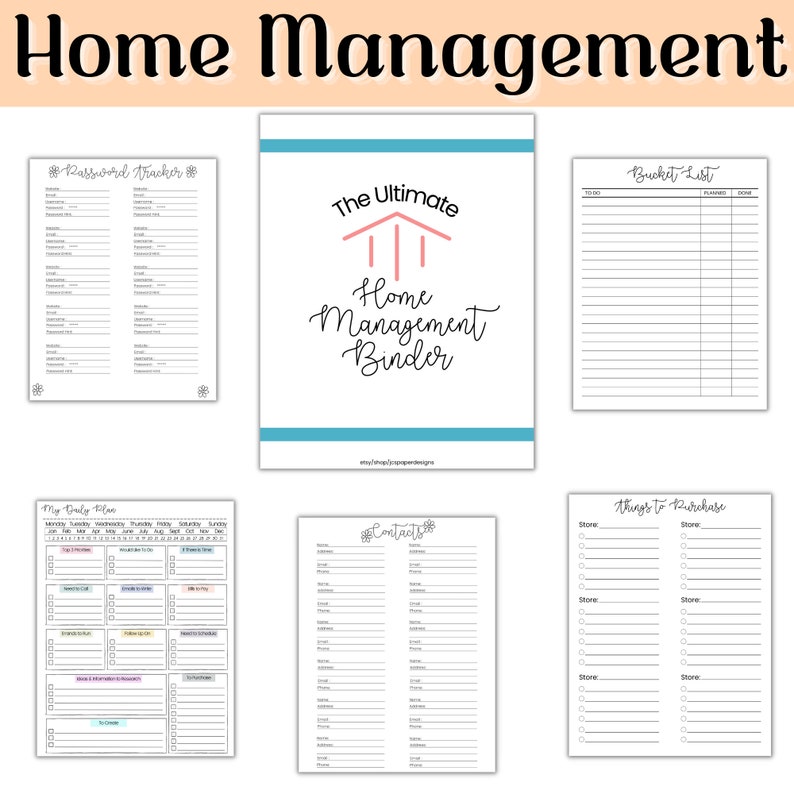 Pode incluir: Uma pasta de gest&atilde;o dom&eacute;stica imprim&iacute;vel com p&aacute;ginas para senhas, contatos, tarefas di&aacute;rias, listas de desejos e coisas para comprar. A capa apresenta um &iacute;cone de casa e o texto "The Ultimate Home Management Binder".
