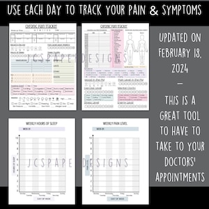 May include: Printable chronic pain tracker with sections for tracking mood, sleep, pain levels, exercise, stress, and energy levels. The tracker also includes a body diagram for marking pain locations. The text "UPDATED ON FEBRUARY 18, 2024" is at the top of the page. The text "THIS IS A GREAT TOOL TO HAVE TO TAKE TO YOUR DOCTORS' APPOINTMENTS" is at the bottom of the page.