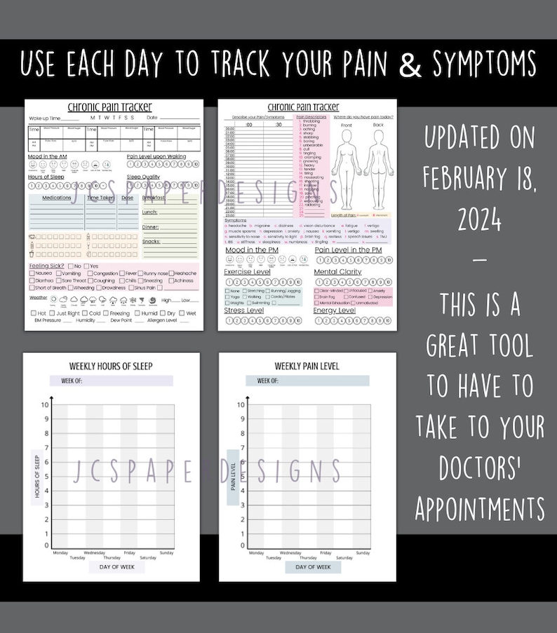 May include: Printable chronic pain tracker with sections for tracking mood, sleep, pain levels, exercise, stress, and energy levels. The tracker also includes a body diagram for marking pain locations. The text "UPDATED ON FEBRUARY 18, 2024" is at the top of the page. The text "THIS IS A GREAT TOOL TO HAVE TO TAKE TO YOUR DOCTORS' APPOINTMENTS" is at the bottom of the page.