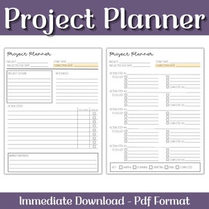 May include: Two-page project planner template with the title "Project Planner" in a purple banner. The template includes sections for project details, action steps, and a key for status updates. The bottom of the image reads "Immediate Download - Pdf Format."