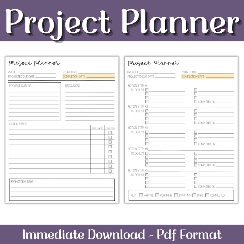 May include: Two-page project planner template with the title "Project Planner" in a purple banner. The template includes sections for project details, action steps, and a key for status updates. The bottom of the image reads "Immediate Download - Pdf Format."