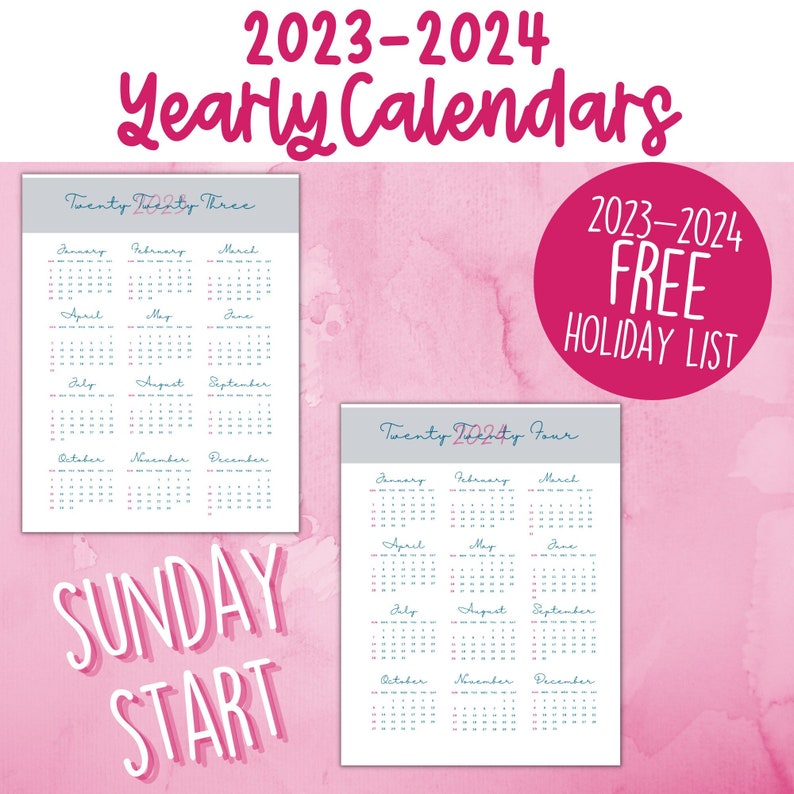 2023 2024 Yearly Calendars Year at a Glance 2023 2024 US Etsy Australia
