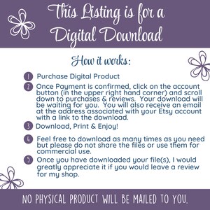 May include: A digital download listing with instructions on a purple background. Text includes "This Listing is for a Digital Download" and "How it works:" with numbered steps for purchasing, downloading, and reviewing the product. Decorative floral elements are present.