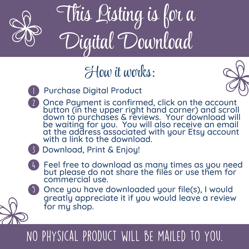 May include: A digital download listing with instructions on a purple background. Text includes "This Listing is for a Digital Download" and "How it works:" with numbered steps for purchasing, downloading, and reviewing the product. Decorative floral elements are present.