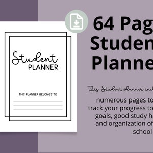 Puede incluir: Un planificador de estudiantes imprimible en blanco y negro con el texto "Student Planner" y "This planner belongs to" en la portada. El planificador tiene 64 páginas y está diseñado para ayudar a los estudiantes a hacer un seguimiento de su progreso hacia sus objetivos, buenos hábitos de estudio y organización.