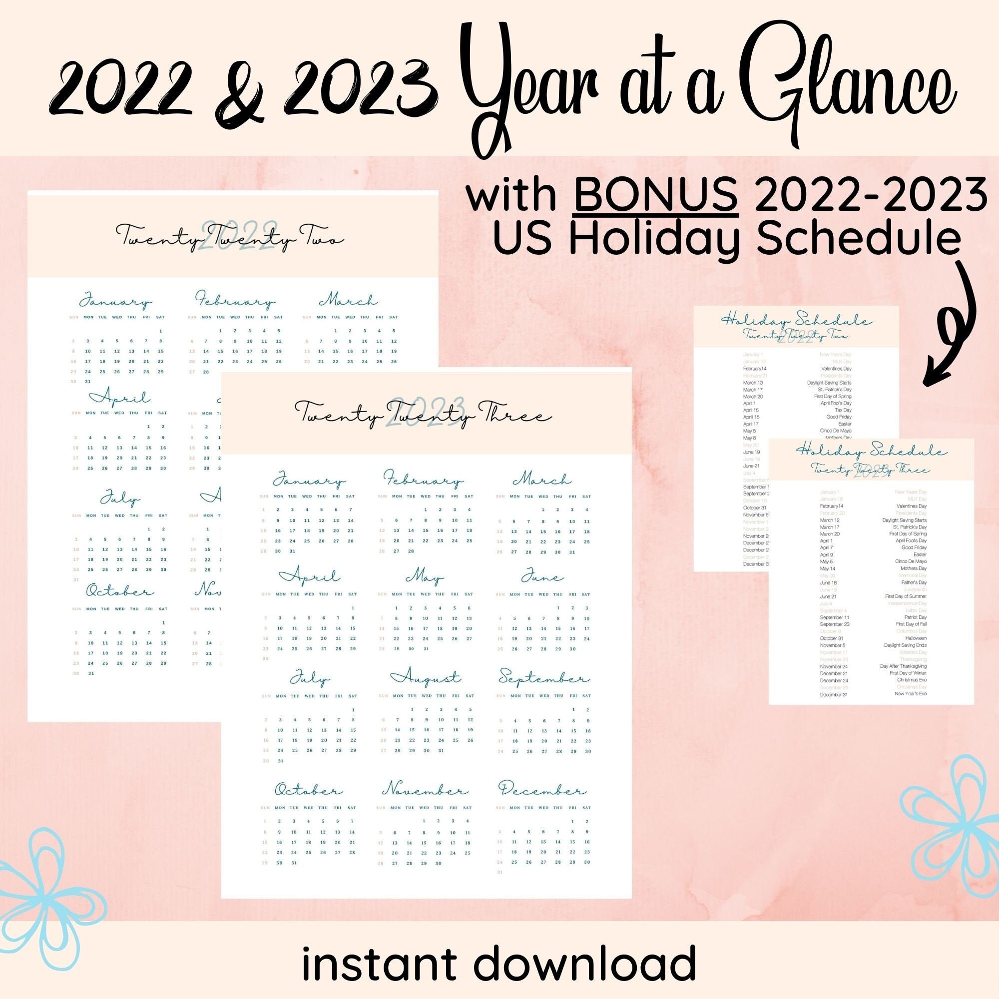 Fedex Holiday Calendar 2023 2022 2023 Year At A Glance 2022 2023 Us Holiday Schedule | Etsy Ireland