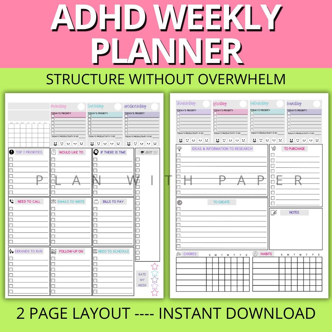 ADHD Weekly Planner | Productivity, to Do List, Habit Tracker (PDF ...