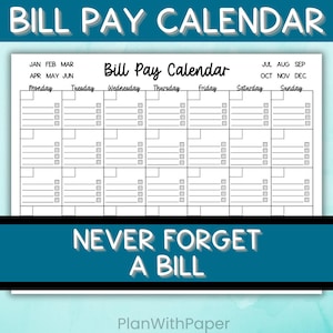 Bill Pay Calendar Printable | Monthly Organizer | Debt Tracker | Budget Planner PDF image 1