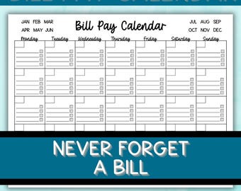 Bill Pay Calendar Printable | Monthly Organizer | Debt Tracker | Budget Planner PDF