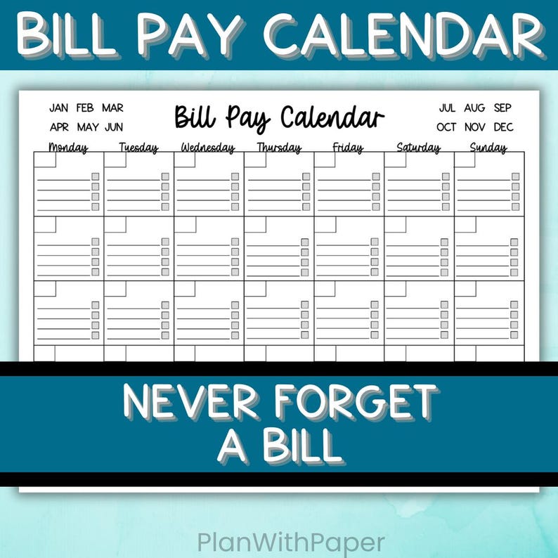Bill Pay Calendar Printable | Monthly Organizer | Debt Tracker | Budget Planner PDF image 1