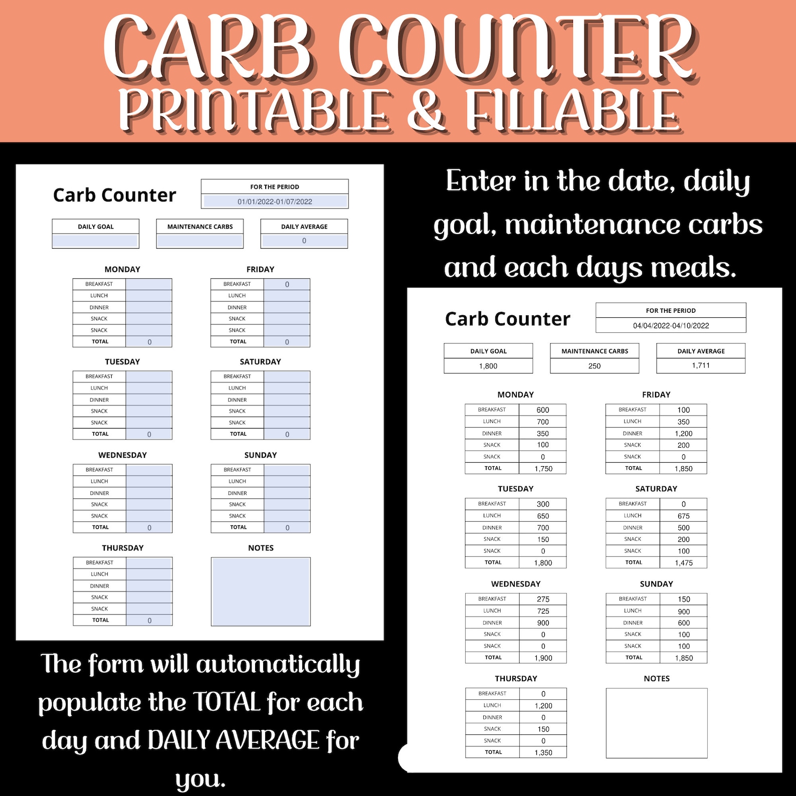 Carb Counter, Fillable Printable, Carbs Tracker. Keto Diet Tracker ...