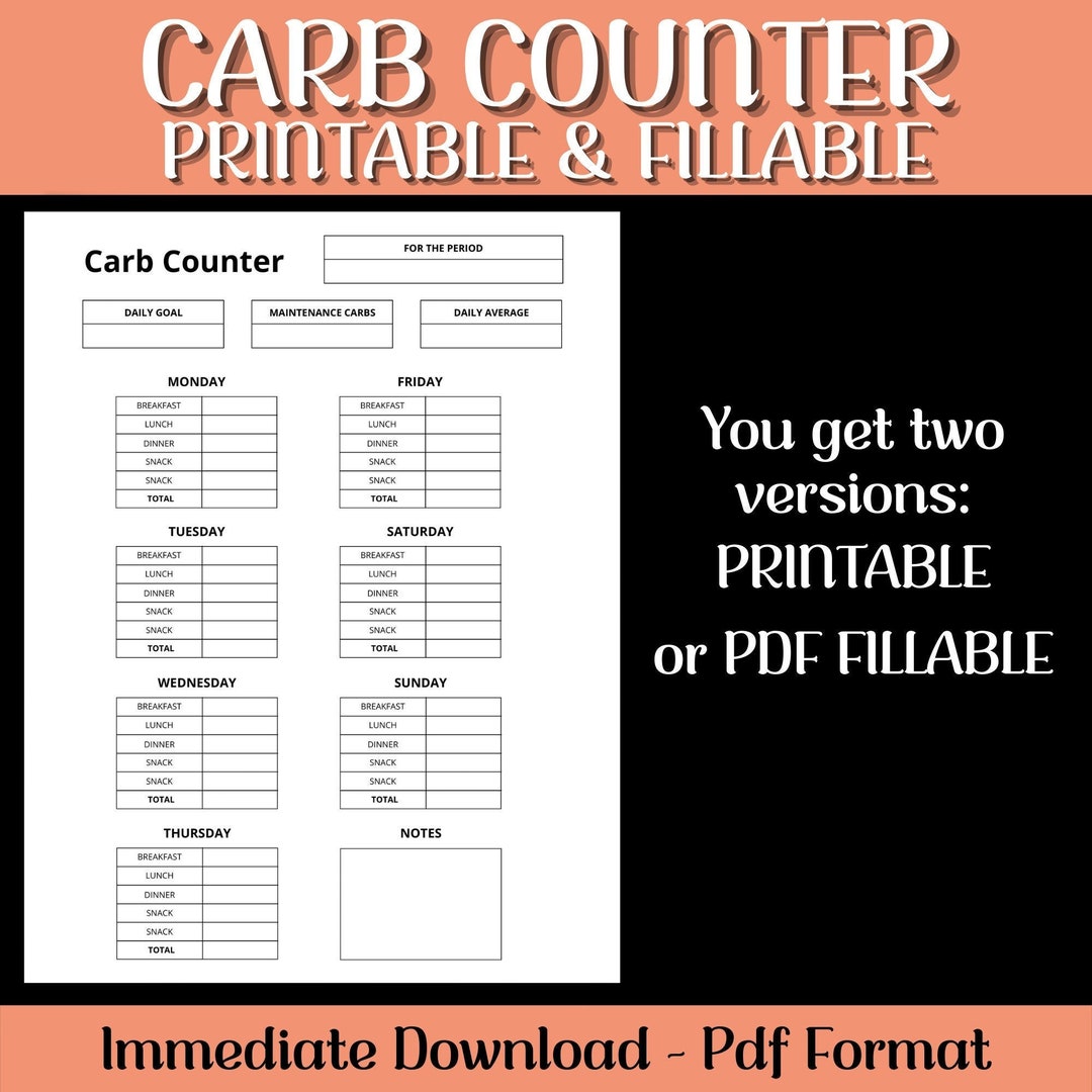 Carb Counter, Fillable Printable, Carbs Tracker. Keto Diet Tracker