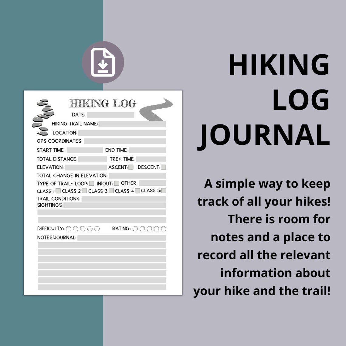 Hiking Log Printable, Hiking Planner Pages, Bullet Journal, Bujo Hiking