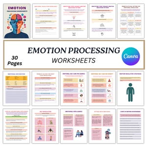 May include: A collection of 30 emotion processing worksheets. The cover features a graphic of a human head split into two halves, one blue and one orange. The title "Emotion Processing Worksheets" is displayed above the image.