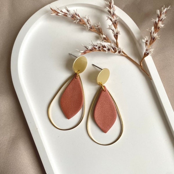 Gold teardrop statement earrings | Drop earrings |polymer clay | dusky pink | Stud Closure | brass | gift girlfriend