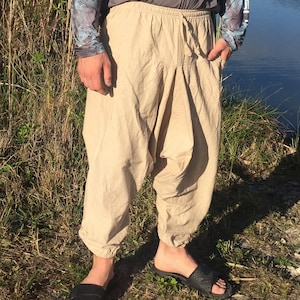 Hemp Harem Pants with Drawstring Waist and Side Pockets, Unisex, 100% Hemp
