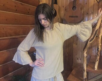 Women's Hemp Peasant Shirt: 3/4 Sleeve Sustainable Top Eco-friendly, lightweight, Boho Style, Everyday Wear