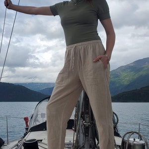 Women&#39;s Hemp Beach Pants with Elastic Drawstring Waist, Slightly Bigger in the Hips than Men&#39;s Pants. 100% Hemp
