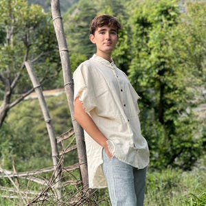 Bamboo Cotton Button Up Short Sleeve Shirt in White, 100% Bamboo