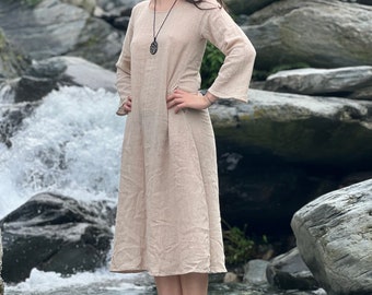 Hemp Long Sleeve Dress • Plant Based Fashion • Organic Summer Midlength Dress  •  Sustainable Sundress • 100% Hemp Maxi Boho Dress