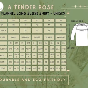 May include: Size chart for a unisex flannel long sleeve shirt. The chart shows sizes in EU, UK, US, and inches and centimeters. The chart also shows measurements for the shoulder, chest, length, and sleeve.