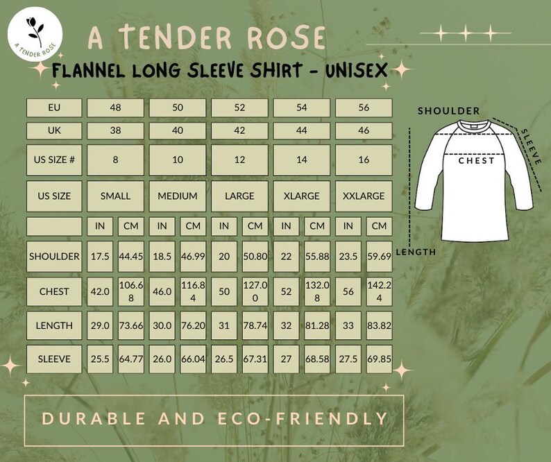 May include: Size chart for a unisex flannel long sleeve shirt. The chart shows sizes in EU, UK, US, and inches and centimeters. The chart also shows measurements for the shoulder, chest, length, and sleeve.