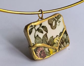Stainless steel Necklaces with Porcelain Pendant Kintsugi, Vintage porcelain. Boat. Valentines Day