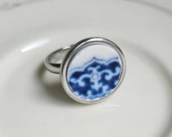 Porcelain Ring, 20-th Anniversary, Adjustable, Blue Willow