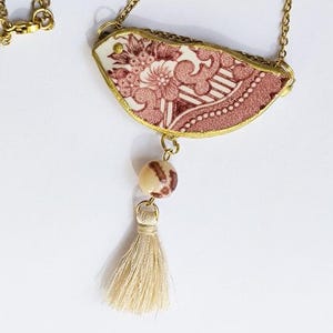 NEW. Long Boho Necklace, Vintage Porcelain Pendant, Bird