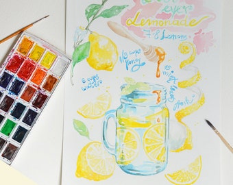 Original Watercolor art, Homemade Lemonade Recipe