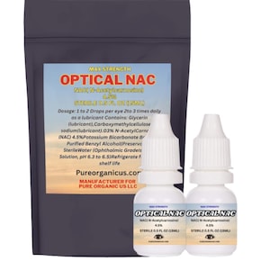 May include: A package and two bottles of Optical NAC eye drops. The package has a label with the product name, ingredients, and dosage instructions. Each bottle contains 0.5 fl oz (15ml) of sterile solution.