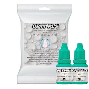 May include: Two Opti Pls eye drop bottles with green caps and a white packet. The bottles and packet have the text "Opti Pls" and "NAC (N-Acetylcarnosine) 4.5% STERILE 0.5 FL OZ (15ML)". The packet also lists ingredients.