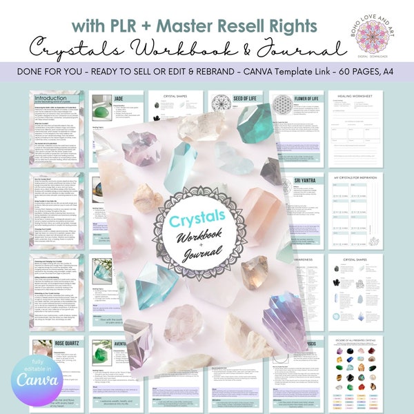 PLR Crystals Workbook + Journal Canva Template | MRR Master Resell Rights, 60 pages fully editable in Canva, Done for you + ready to resell