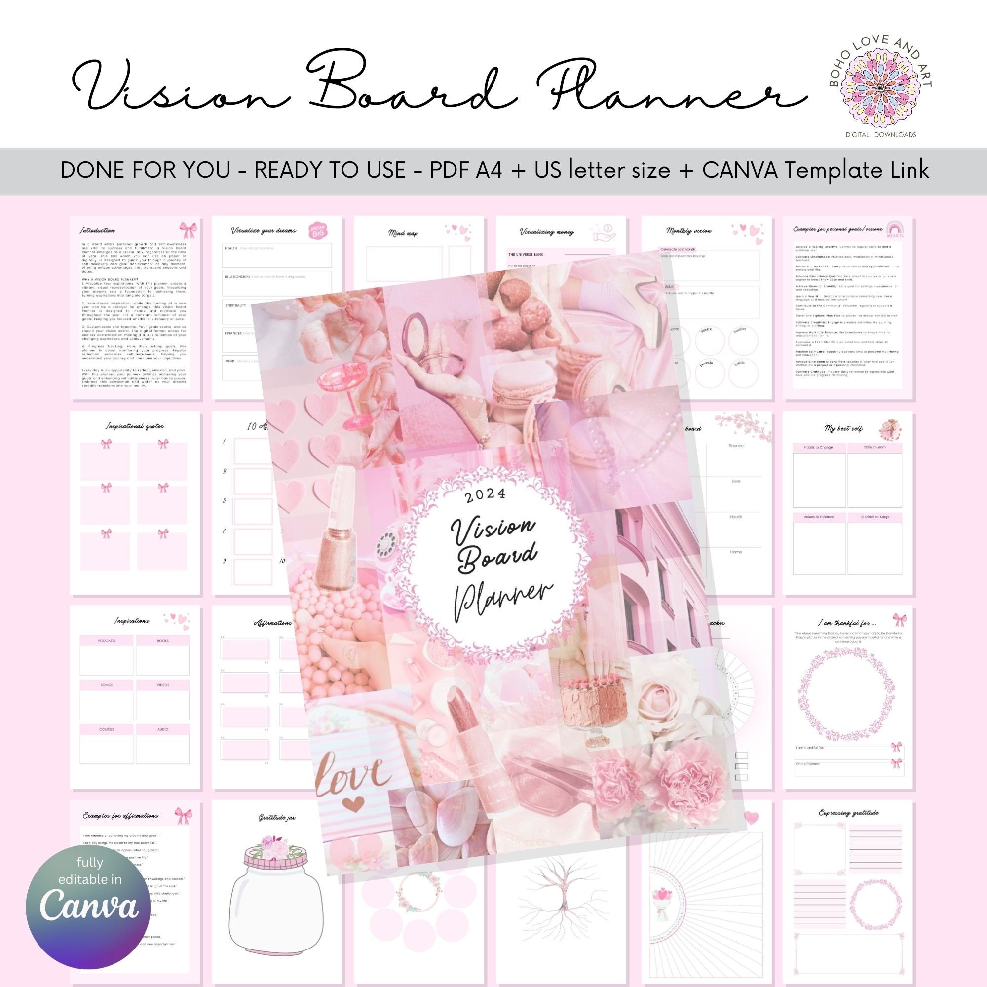 2024 Vision Board Kit Complete Ultimate Bundle Inspirational Dream Board  Motivational Mood Board Positive Goal Board Pink Color Printable