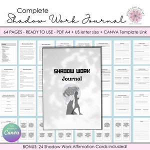 Shadow Work Journal Printable - 64 pages PDF + editable Canva Template, Affirmation Cards + Prompts included, PDF Digital Download